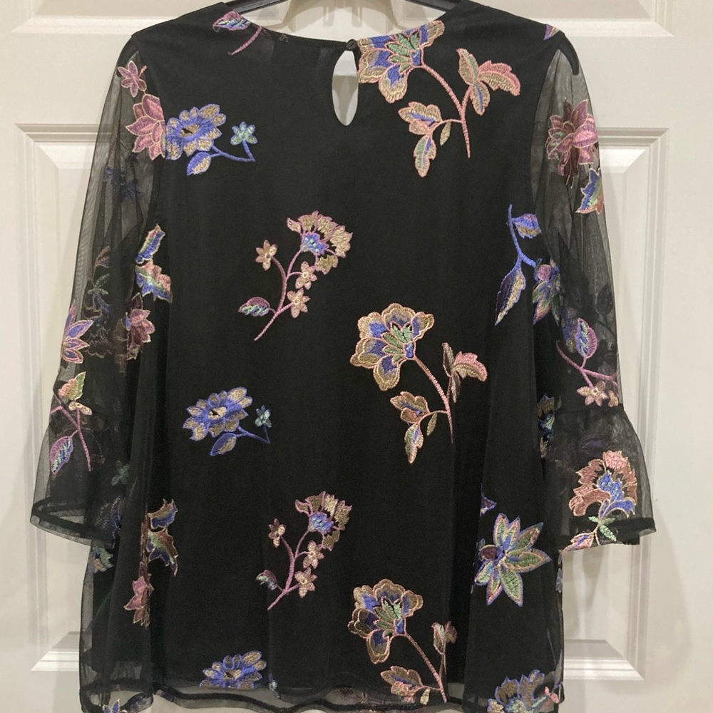 Catherine’s 1X black with sheer top layer multi color flower embroidery dressy